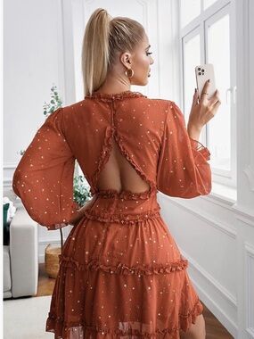 🍂2 for $15 Womens Rust Gold Stars V Neck Backless Ruffle Long Sleeve Mini Dress